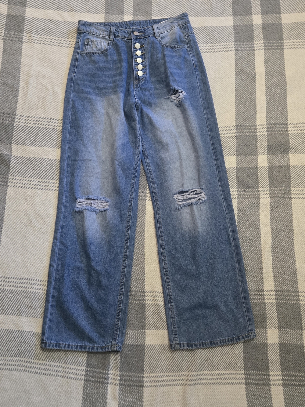 Y2K Distressed High-rise Wide Leg Jeans Exposed Button Fly Denim Size Medium